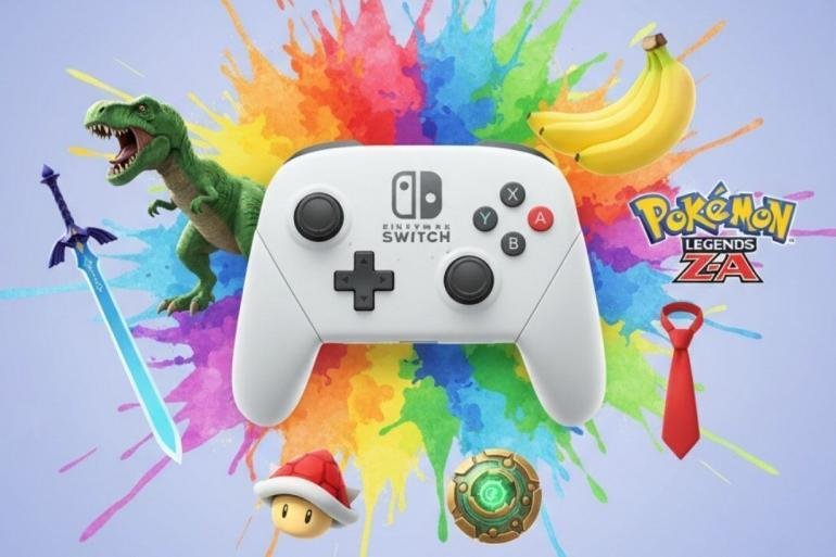 Un controller Nintendo Switch posato su uno sfondo colorato, con giochi sfocati in background