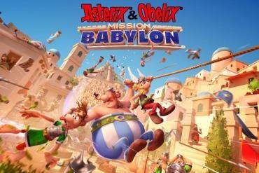 Immagine che raffigura Asterix e Obelix in azione, intenti a sconfiggere un gruppo di legionari romani con i loro pugni iconici. Lo sfondo mostra un paesaggio esotico e colorato che richiama le ambientazioni mediorientali di Babilonia, con elementi architettonici antichi e dettagli vivaci. I due eroi sono in primo piano, con Asterix che salta e Obelix che brandisce un Romani. L'immagine trasmette un'atmosfera di divertimento, azione e umorismo, tipica della serie. Il logo del gioco, "Asterix & Obelix: Mission Babylon", è visibile ma non troppo invadente, e si percepisce l'energia della modalità cooperativa.