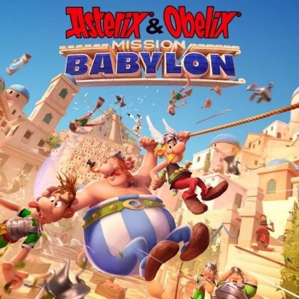 Immagine che raffigura Asterix e Obelix in azione, intenti a sconfiggere un gruppo di legionari romani con i loro pugni iconici. Lo sfondo mostra un paesaggio esotico e colorato che richiama le ambientazioni mediorientali di Babilonia, con elementi architettonici antichi e dettagli vivaci. I due eroi sono in primo piano, con Asterix che salta e Obelix che brandisce un Romani. L'immagine trasmette un'atmosfera di divertimento, azione e umorismo, tipica della serie. Il logo del gioco, "Asterix & Obelix: Mission Babylon", è visibile ma non troppo invadente, e si percepisce l'energia della modalità cooperativa.