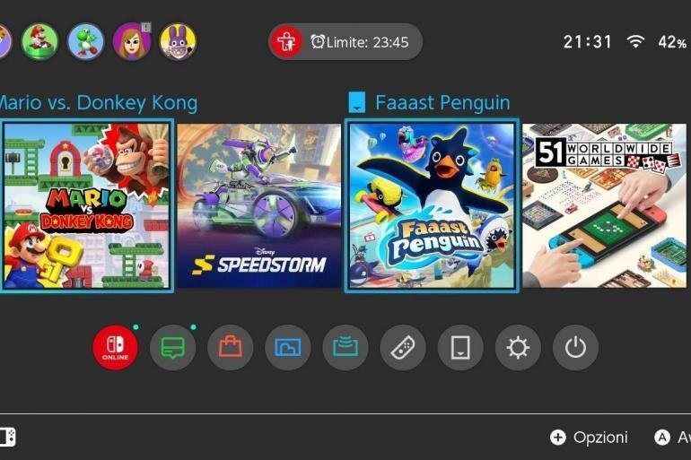 Icona di un gioco con un piccolo simbolo rosso/blu che indica se si tratta di una versione fisica o digitale nel Menu HOME di Nintendo Switch.