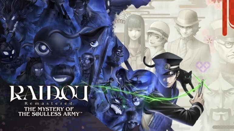 Raidou Kuzunoha XIV con la sua spada e un demone alleato, sullo sfondo un'ambientazione in stile Taisho dal gioco RAIDOU Remastered.