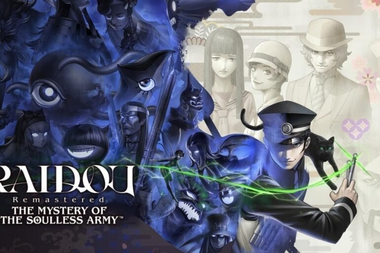 Raidou Kuzunoha XIV con la sua spada e un demone alleato, sullo sfondo un'ambientazione in stile Taisho dal gioco RAIDOU Remastered.