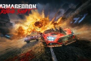 Un'auto modificata con lame e spuntoni sfreccia attraverso la città futuristica in Carmageddon Rogue Shift.