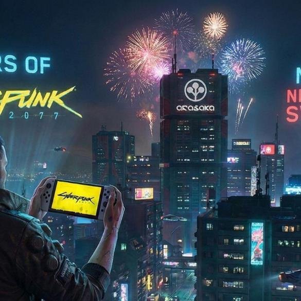V, il protagonista di Cyberpunk 2077, osserva lo skyline di Night City celebrando il quinto anniversario del gioco, ora disponibile anche su Nintendo Switch 2.