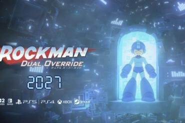 Il logo ufficiale di Mega Man Dual Override con il Blue Bomber in posa dinamica su sfondo futuristico, presentato da Capcom.