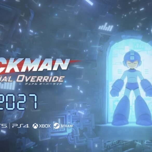 Il logo ufficiale di Mega Man Dual Override con il Blue Bomber in posa dinamica su sfondo futuristico, presentato da Capcom.