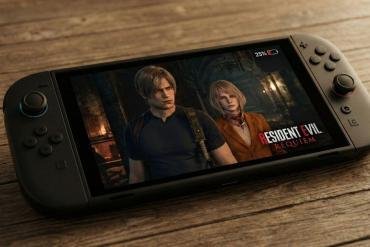 Una console Nintendo Switch 2 in modalità portatile appoggiata su un tavolo di legno con un videogioco in esecuzione.