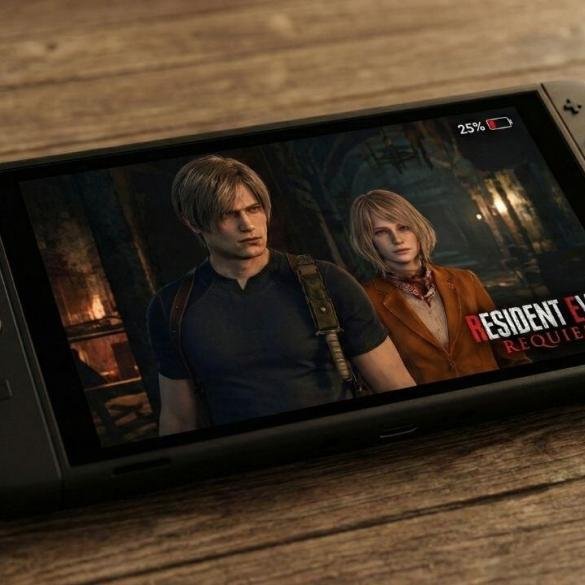 Una console Nintendo Switch 2 in modalità portatile appoggiata su un tavolo di legno con un videogioco in esecuzione.