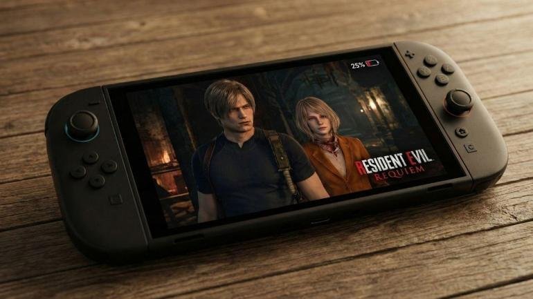 Una console Nintendo Switch 2 in modalità portatile appoggiata su un tavolo di legno con un videogioco in esecuzione.