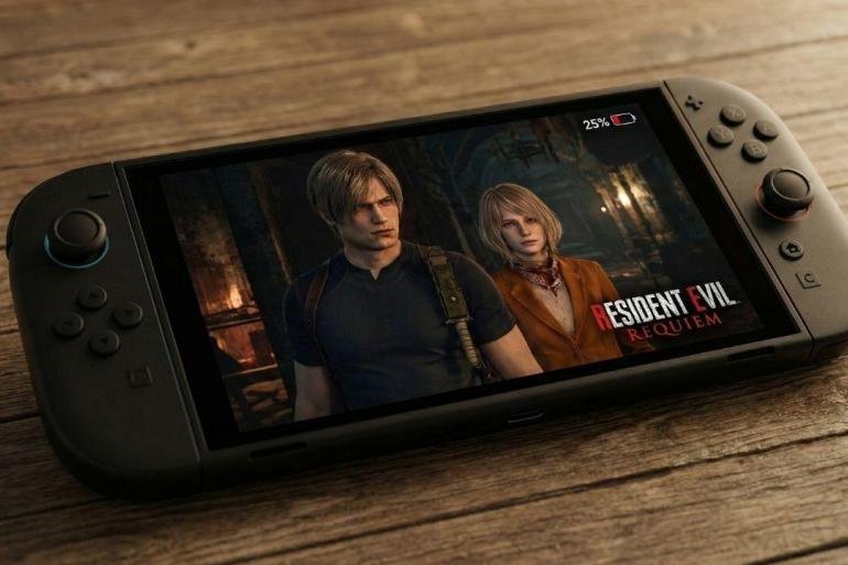 Una console Nintendo Switch 2 in modalità portatile appoggiata su un tavolo di legno con un videogioco in esecuzione.