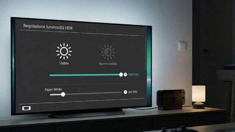 La schermata di regolazione della luminosità HDR nelle impostazioni di sistema di Nintendo Switch 2.