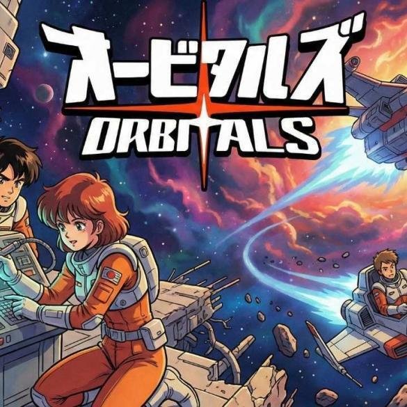 I due protagonisti di Orbitals, Maki e Omura, fluttuano nello spazio con un design in stile anime anni '90, con il logo del gioco in sovraimpressione.