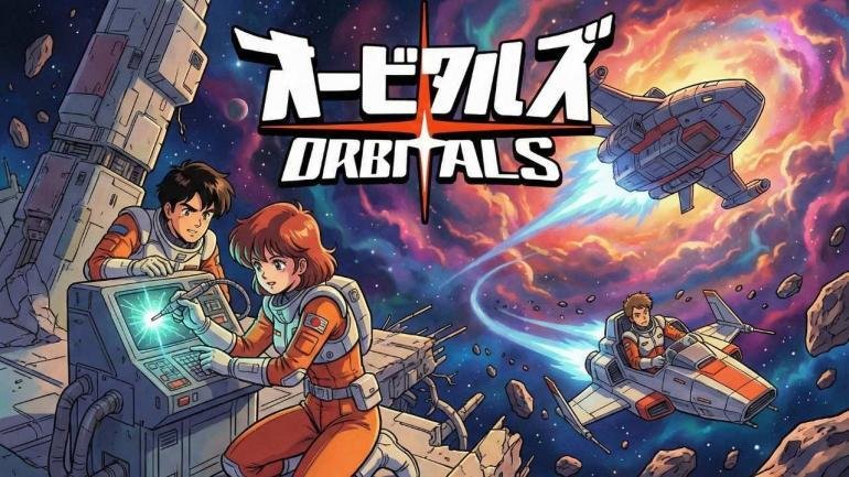 I due protagonisti di Orbitals, Maki e Omura, fluttuano nello spazio con un design in stile anime anni '90, con il logo del gioco in sovraimpressione.