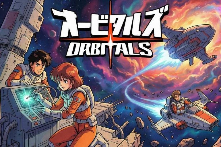 I due protagonisti di Orbitals, Maki e Omura, fluttuano nello spazio con un design in stile anime anni '90, con il logo del gioco in sovraimpressione.