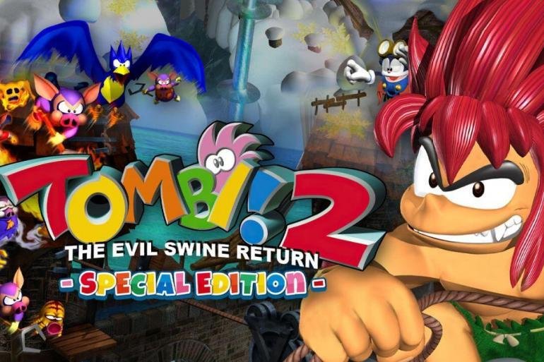 Tombi e il suo fedele amico Zippo mentre saltano in un livello 3D colorato in Tombi! 2 The Evil Swine Return Special Edition.