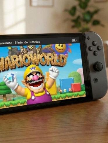 Wario ride mentre stringe un diamante, con lo sfondo del logo Nintendo GameCube Classics in esecuzione su Nintendo Switch 2.