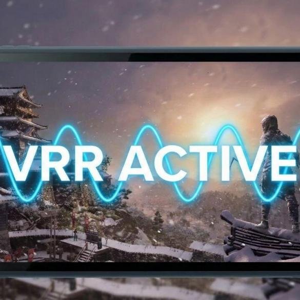 Naoe di Assassin's Creed Shadows in azione con un effetto grafico che simboleggia il Variable Refresh Rate su Nintendo Switch 2.