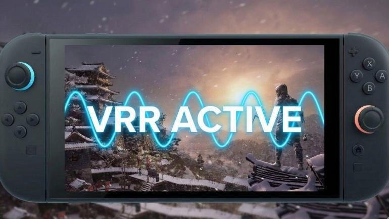 Naoe di Assassin's Creed Shadows in azione con un effetto grafico che simboleggia il Variable Refresh Rate su Nintendo Switch 2.