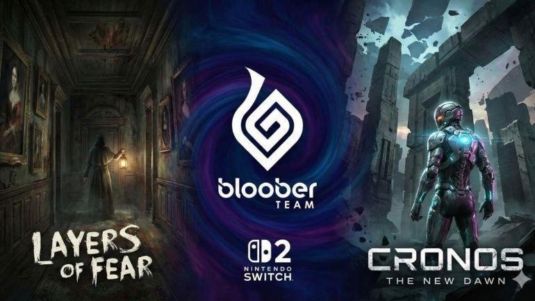 Un collage che mostra artwork di Layers of Fear e Cronos The New Dawn con il logo del Bloober Team sullo sfondo.