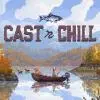 Key art in pixel art del videogioco Cast n Chill: un pescatore su una barca con il suo cane in un lago autunnale, con montagne sullo sfondo e il logo del gioco in alto.