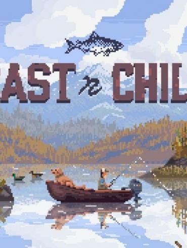 Key art in pixel art del videogioco Cast n Chill: un pescatore su una barca con il suo cane in un lago autunnale, con montagne sullo sfondo e il logo del gioco in alto.