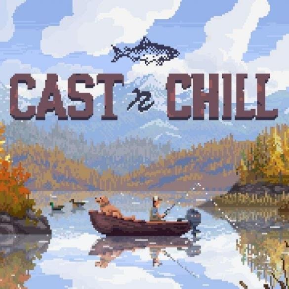 Key art in pixel art del videogioco Cast n Chill: un pescatore su una barca con il suo cane in un lago autunnale, con montagne sullo sfondo e il logo del gioco in alto.