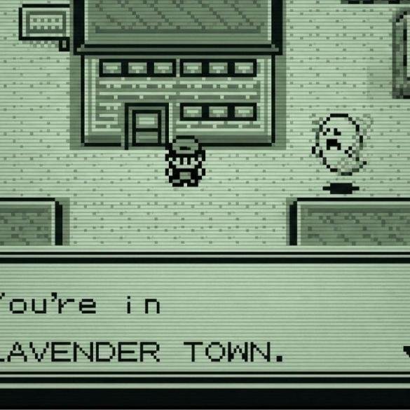 Screenshot della Città di Lavandonia in Pokémon Rosso su Game Boy con la Torre Pokémon visibile.