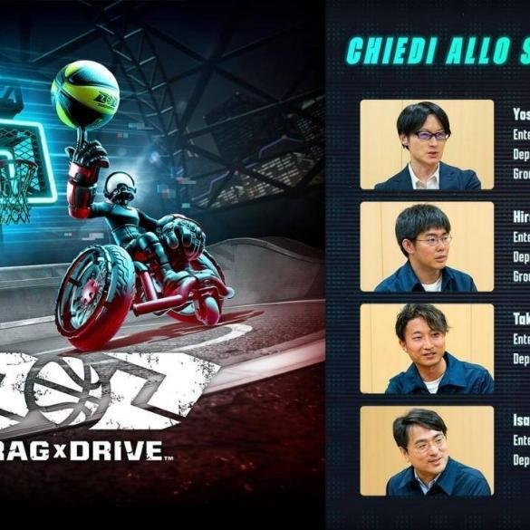 Artwork colorato di Drag x Drive con i volti degli sviluppatori Nintendo in sovrimpressione.