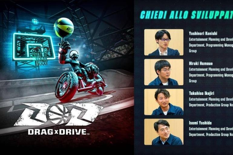Artwork colorato di Drag x Drive con i volti degli sviluppatori Nintendo in sovrimpressione.