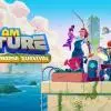 Il protagonista di I Am Future pesca tranquillamente dal tetto di un grattacielo sommerso, grafica colorata stile cartoon.