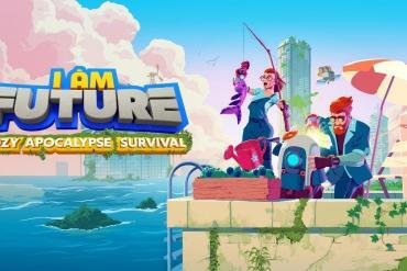 Il protagonista di I Am Future pesca tranquillamente dal tetto di un grattacielo sommerso, grafica colorata stile cartoon.