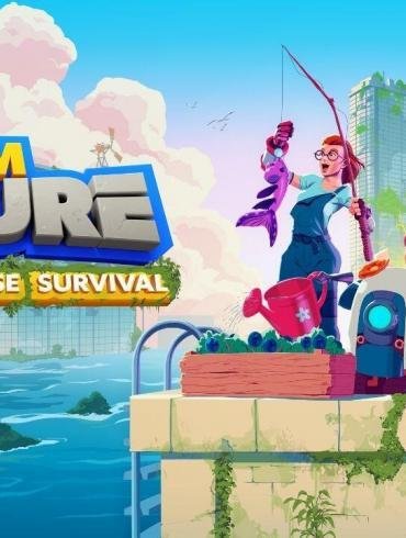 Il protagonista di I Am Future pesca tranquillamente dal tetto di un grattacielo sommerso, grafica colorata stile cartoon.