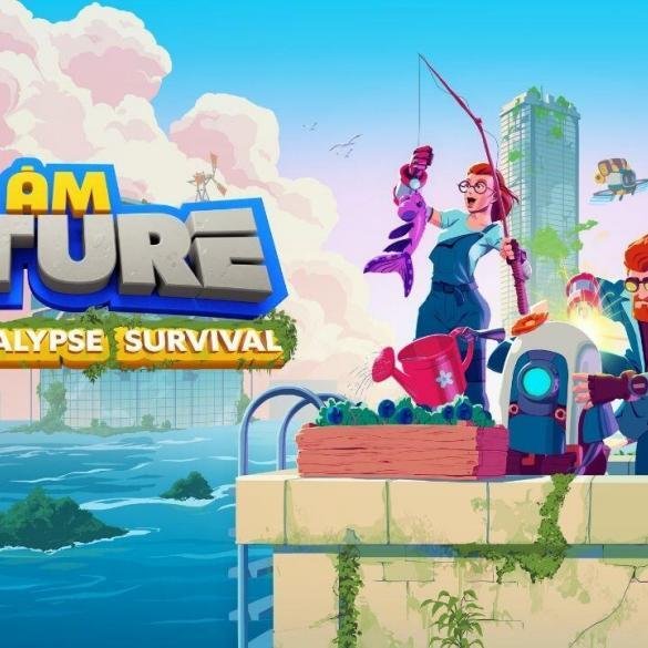 Il protagonista di I Am Future pesca tranquillamente dal tetto di un grattacielo sommerso, grafica colorata stile cartoon.