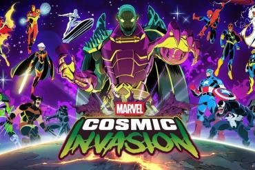 Artwork promozionale in stile cartone animato per il videogioco 'MARVEL Cosmic Invasion'. L'immagine mostra un cast di eroi Marvel tra cui Captain America, Spider-Man, Wolverine, Iron Man, She-Hulk, Venom, Storm e altri che si preparano alla battaglia contro il grande villain Annihilus sullo sfondo dello spazio. Il logo del gioco è in basso al centro