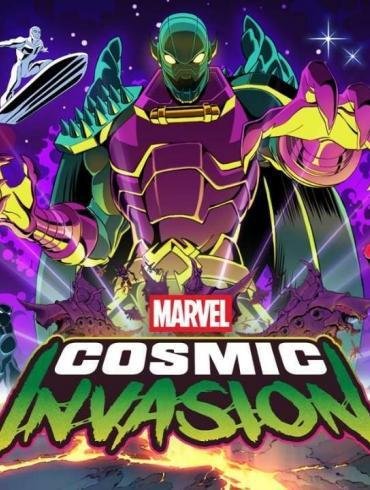 Artwork promozionale in stile cartone animato per il videogioco 'MARVEL Cosmic Invasion'. L'immagine mostra un cast di eroi Marvel tra cui Captain America, Spider-Man, Wolverine, Iron Man, She-Hulk, Venom, Storm e altri che si preparano alla battaglia contro il grande villain Annihilus sullo sfondo dello spazio. Il logo del gioco è in basso al centro