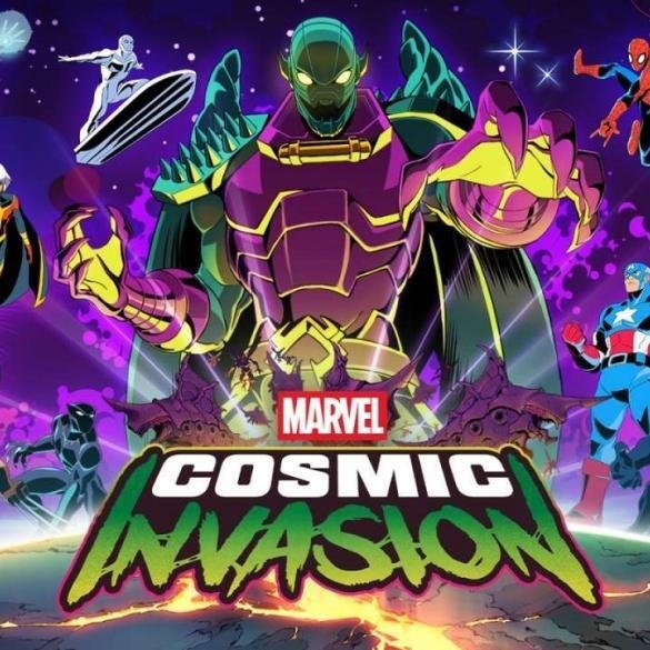 Artwork promozionale in stile cartone animato per il videogioco 'MARVEL Cosmic Invasion'. L'immagine mostra un cast di eroi Marvel tra cui Captain America, Spider-Man, Wolverine, Iron Man, She-Hulk, Venom, Storm e altri che si preparano alla battaglia contro il grande villain Annihilus sullo sfondo dello spazio. Il logo del gioco è in basso al centro