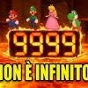 Mario, Luigi, Peach e Yoshi saltano nel minigioco Salto della corda rovente con un contatore digitale gigante che segna 9999 e la scritta in basso "NON È INFINITO!".