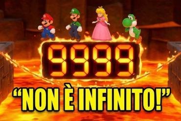 Mario, Luigi, Peach e Yoshi saltano nel minigioco Salto della corda rovente con un contatore digitale gigante che segna 9999 e la scritta in basso "NON È INFINITO!".