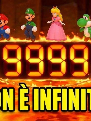 Mario, Luigi, Peach e Yoshi saltano nel minigioco Salto della corda rovente con un contatore digitale gigante che segna 9999 e la scritta in basso "NON È INFINITO!".