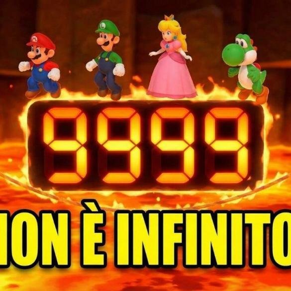 Mario, Luigi, Peach e Yoshi saltano nel minigioco Salto della corda rovente con un contatore digitale gigante che segna 9999 e la scritta in basso "NON È INFINITO!".