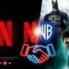 Il logo di Netflix "N" rosso che ingloba lo scudo Warner Bros, con sfondi dei giochi Batman Arkham e Hogwarts Legacy.