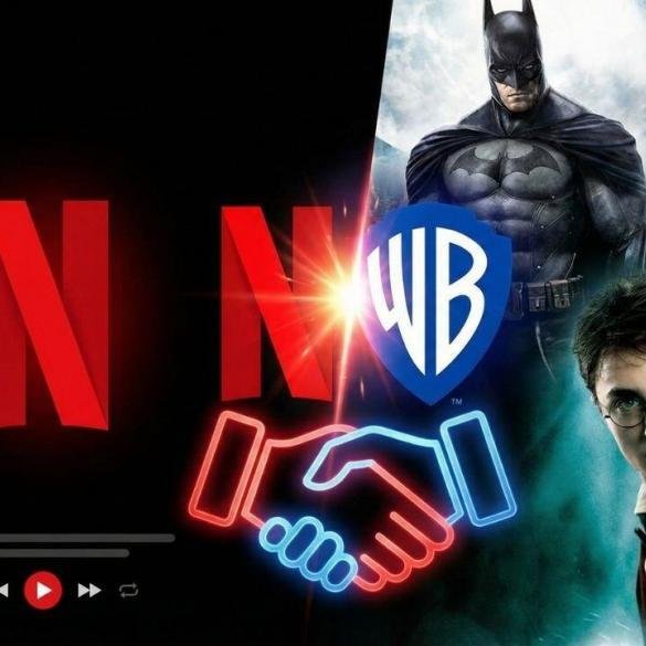 Il logo di Netflix "N" rosso che ingloba lo scudo Warner Bros, con sfondi dei giochi Batman Arkham e Hogwarts Legacy.