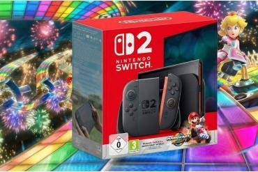 Confezione del bundle Nintendo Switch 2 con il gioco Mario Kart World in evidenza su sfondo colorato.