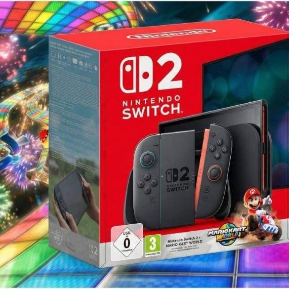 Confezione del bundle Nintendo Switch 2 con il gioco Mario Kart World in evidenza su sfondo colorato.
