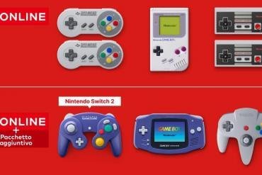Infografica dei controller per i giochi classici su Nintendo Switch Online. La parte superiore mostra i controller NES, SNES e Game Boy per il piano base. La parte inferiore mostra i controller del Pacchetto Aggiuntivo: Game Boy Advance, Nintendo 64 e un controller GameCube viola con l'etichetta 'Nintendo Switch 2'