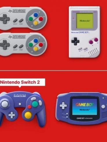 Infografica dei controller per i giochi classici su Nintendo Switch Online. La parte superiore mostra i controller NES, SNES e Game Boy per il piano base. La parte inferiore mostra i controller del Pacchetto Aggiuntivo: Game Boy Advance, Nintendo 64 e un controller GameCube viola con l'etichetta 'Nintendo Switch 2'