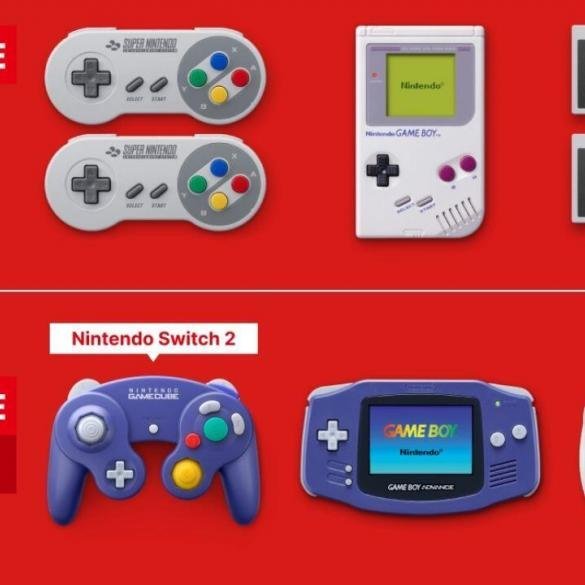 Infografica dei controller per i giochi classici su Nintendo Switch Online. La parte superiore mostra i controller NES, SNES e Game Boy per il piano base. La parte inferiore mostra i controller del Pacchetto Aggiuntivo: Game Boy Advance, Nintendo 64 e un controller GameCube viola con l'etichetta 'Nintendo Switch 2'