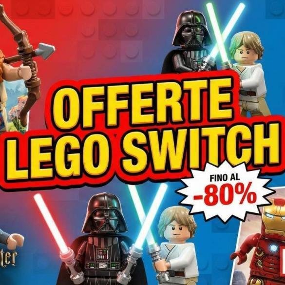 Un collage promozionale con il logo Nintendo Switch e la scritta "OFFERTE LEGO SWITCH FINO AL -80%", circondata da personaggi LEGO di Horizon Adventures, Harry Potter, Star Wars, Jurassic World e Marvel.