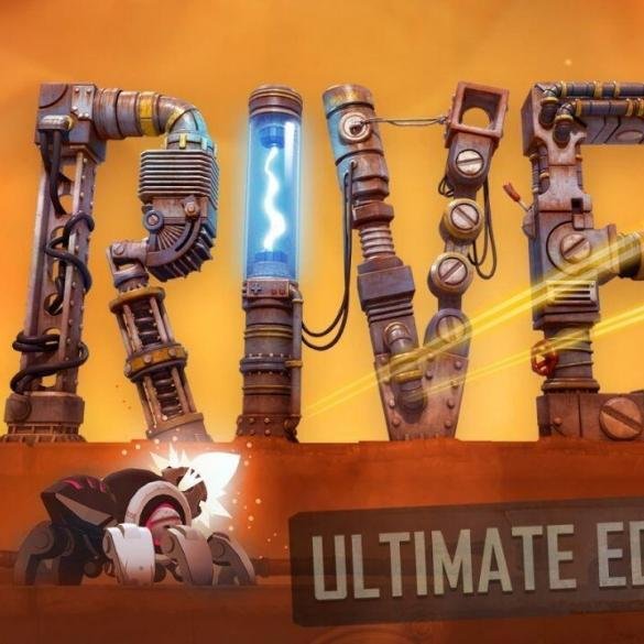 Il ragno robotico di RIVE spara laser blu contro nemici rossi in un livello spaziale caotico.