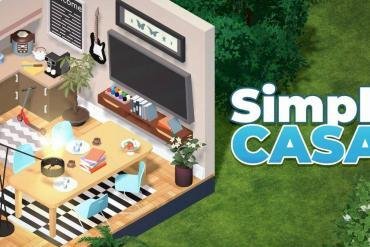 Un soggiorno moderno arredato in Simpli Casa su Nintendo Switch con divano modulare, piante e illuminazione geometrica.